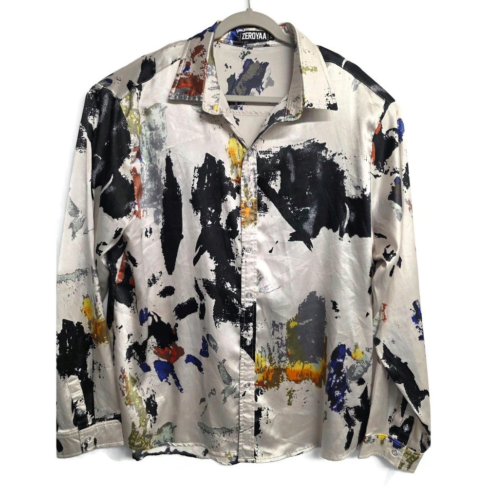 ZeroYaa Mens XXL Abstract Oil Painting Print Satin Long Sleeve Button Down Shirt